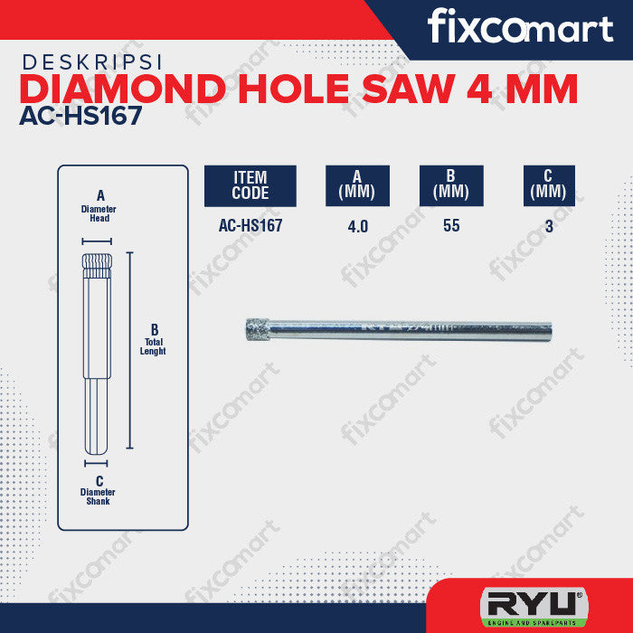 RYU DIAMOND HOLE SAW 4 X 55 MM / MATA BOR KERAMIK / AKSESORIS