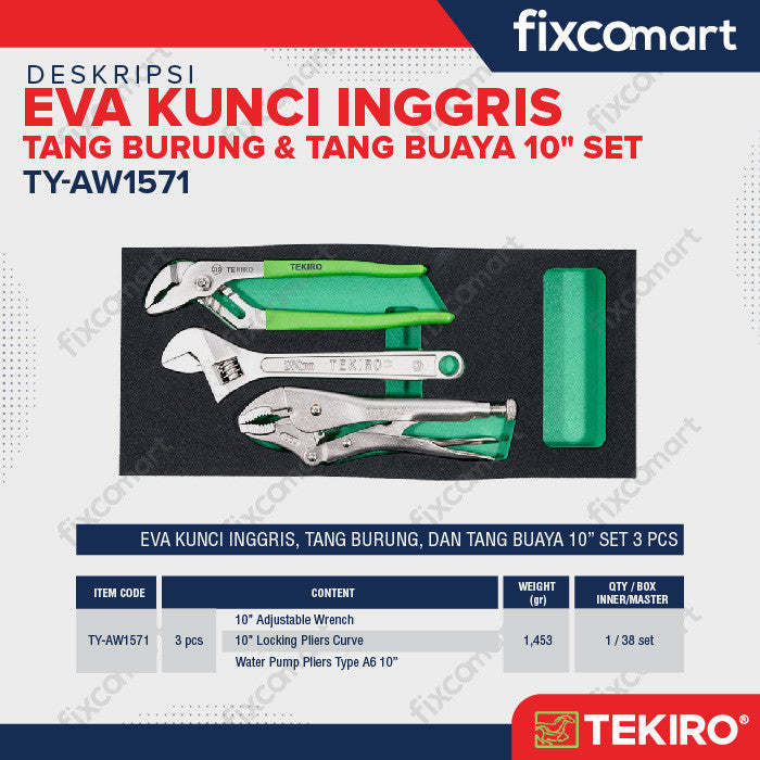 TEKIRO EVA KUNCI INGGRIS, TANG BURUNG DAN TANG BUAYA 10 INCH SET