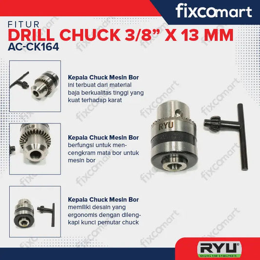 RYU 3/8" DRILL CHUCK 13 MM / KEPALA BOR / AKSESORIS FIXCOMART