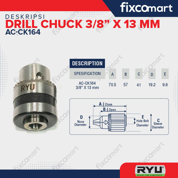 RYU 3/8" DRILL CHUCK 13 MM / KEPALA BOR / AKSESORIS