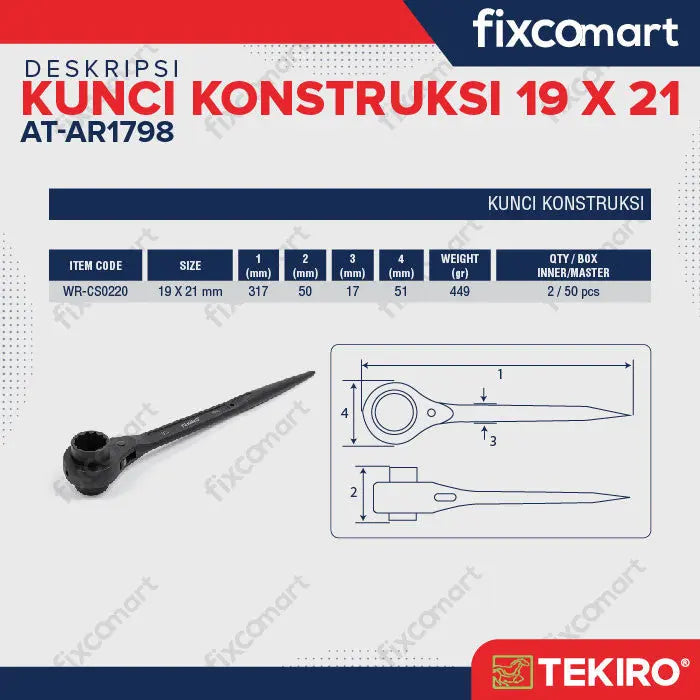 TEKIRO KUNCI KONSTRUKSI 19 X 21 / KUNCI RING DOUBLE RACHET FIXCOMART