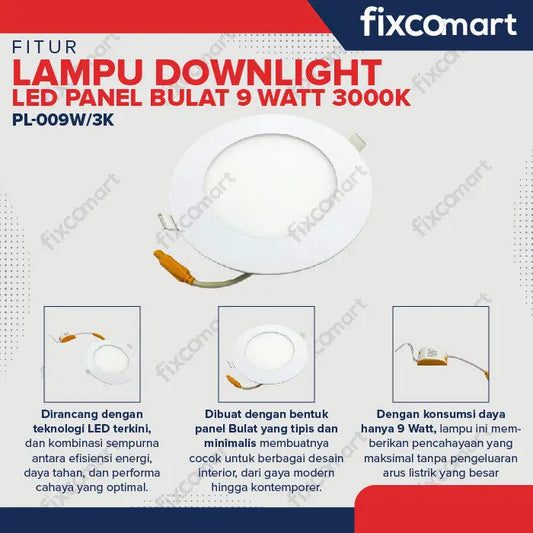 Lampu Downlight LED Panel Bulat 9 Watt 300gr FIXCOMART