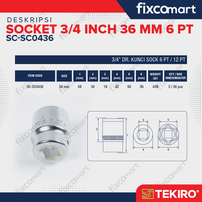 Tekiro Socket 3/4 inch 36 mm 6 PT / Mata Sock 3/4 Inch