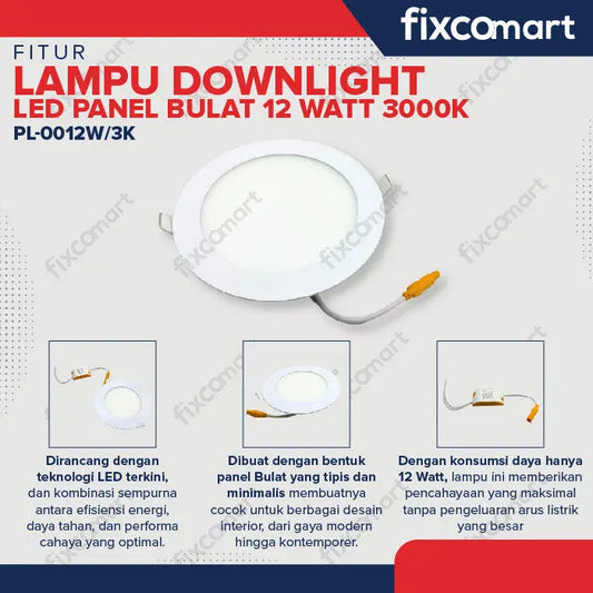 Lampu Downlight LED Panel Bulat 12 Watt 300gr FIXCOMART