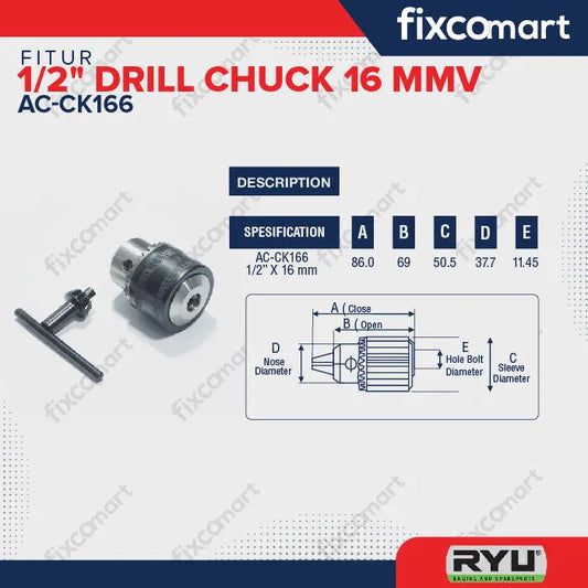 RYU 1/2" DRILL CHUCK 16 MM / KEPALA BOR FIXCOMART