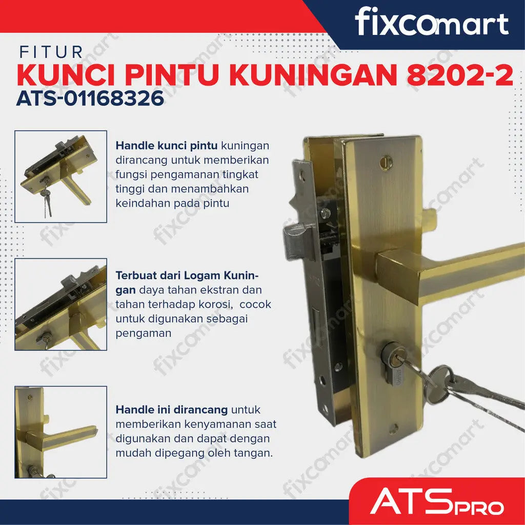 KUNCI PINTU "ATS PRO" CYL. KUNINGAN 8202-2 (SN/CP) FIXCOMART