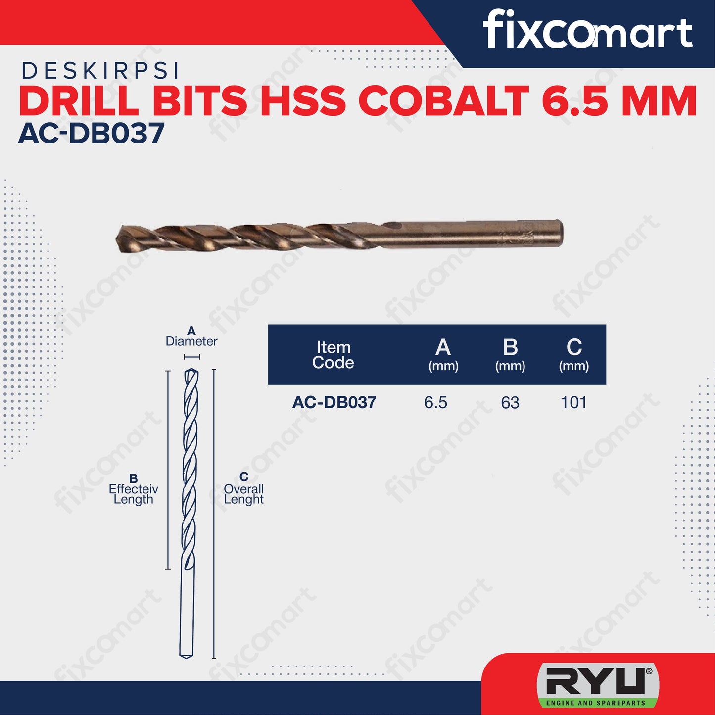 Ryu Hss Cobalt 6.5 mm Mata Bor Stainless