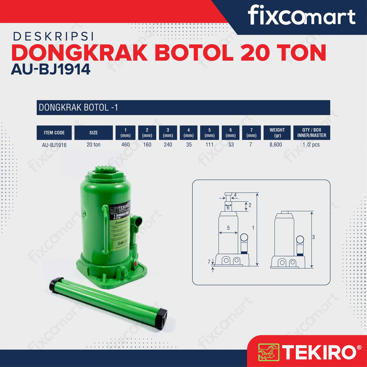 Tekiro Dongkrak Botol 20 Ton FIXCOMART