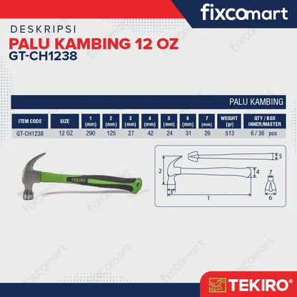 Tekiro Claw Hammer 12 Oz / Palu Kambing / Palu Cabut Paku FIXCOMART