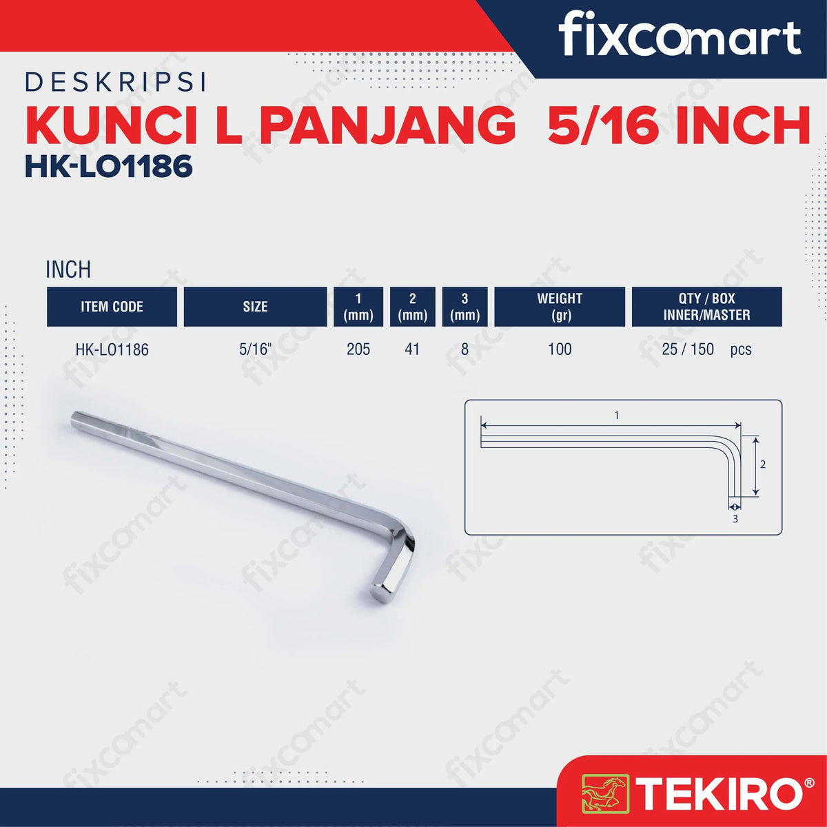 Tekiro Kunci L Panjang 5/16 inch Hex Key Long FIXCOMART