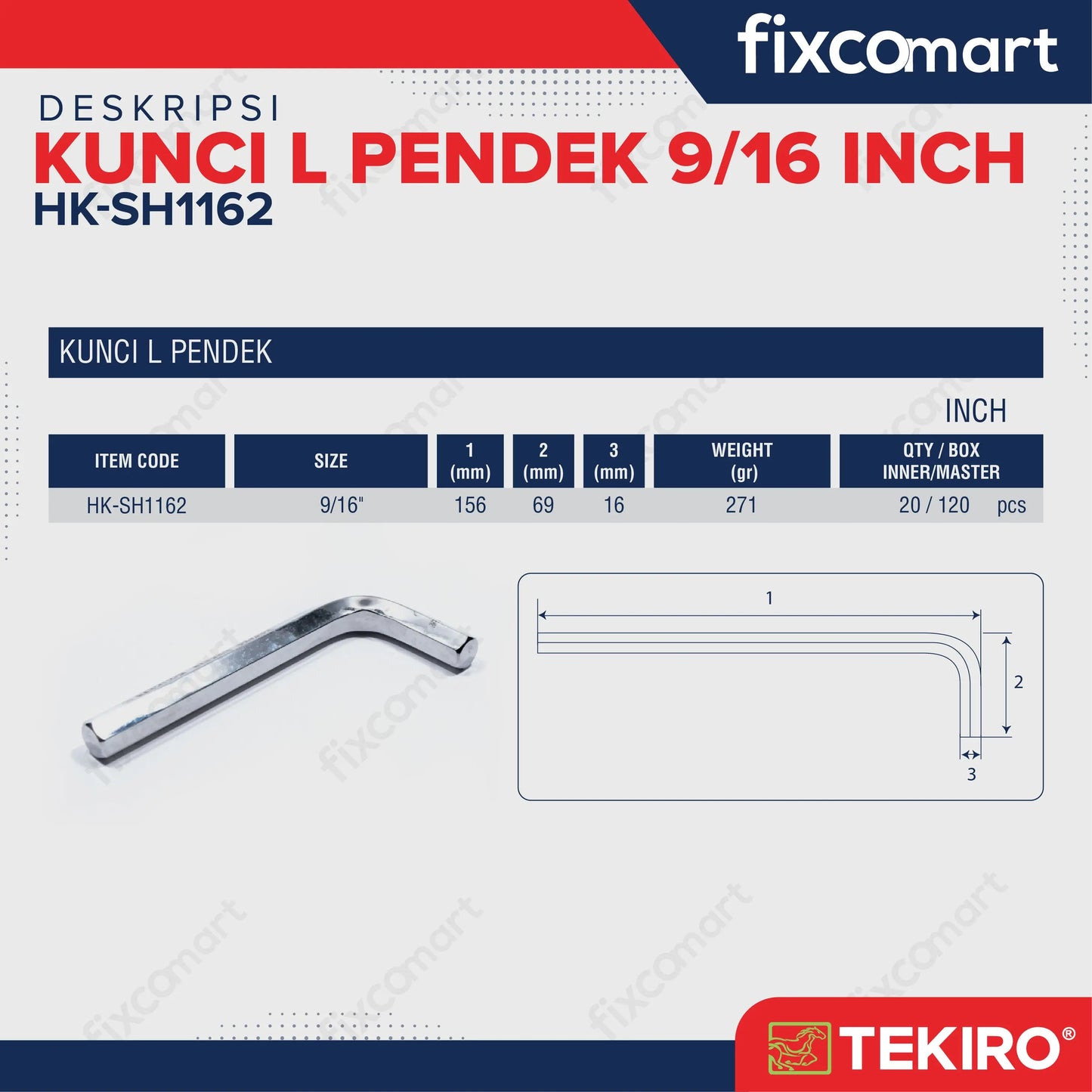 Tekiro Kunci L Pendek 9/16 inch / Hex Key Short FIXCOMART
