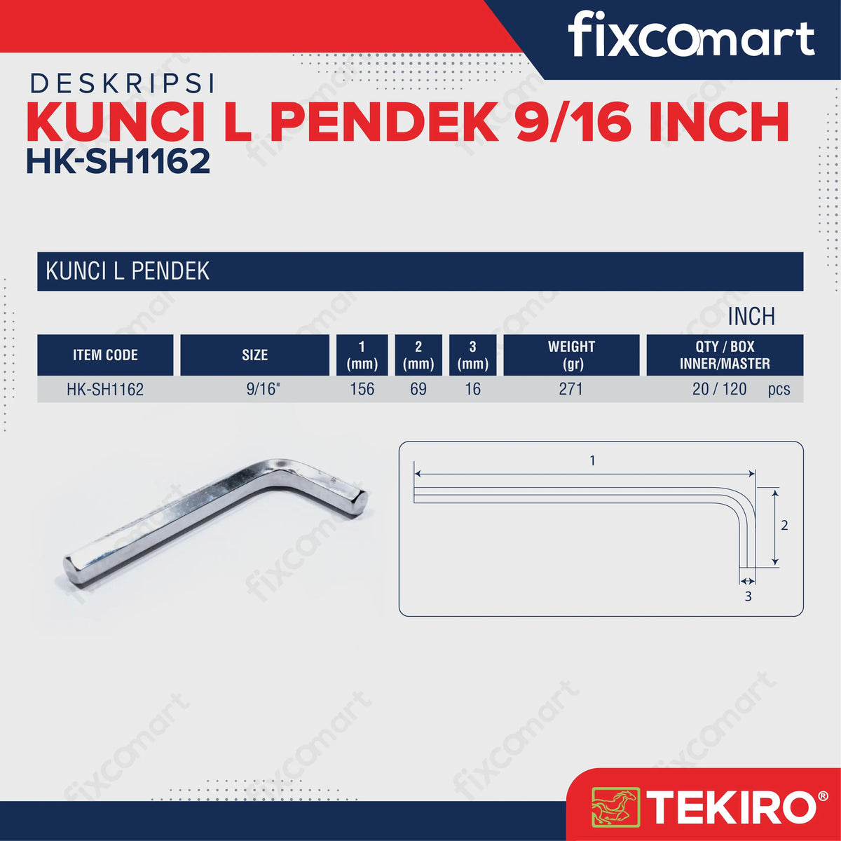 Tekiro Kunci L Pendek 9/16 inch / Hex Key Short FIXCOMART