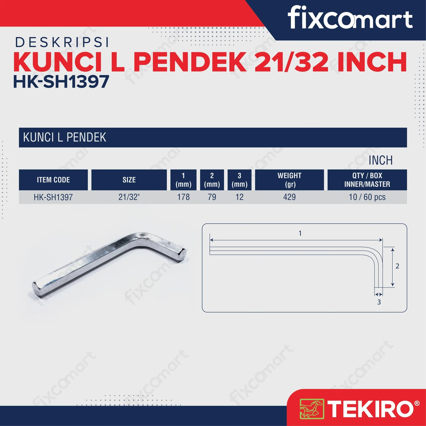 Tekiro Kunci L Pendek 21/32 inch / Hex Key Short FIXCOMART