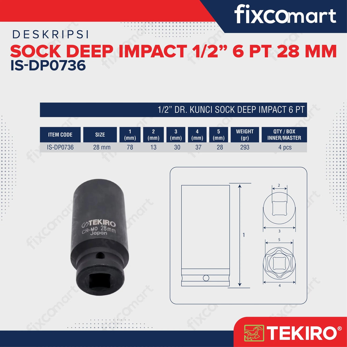 Tekiro Deep Impact / Mata Sock Socket 1/2 inch 6 PT - 28 mm FIXCOMART