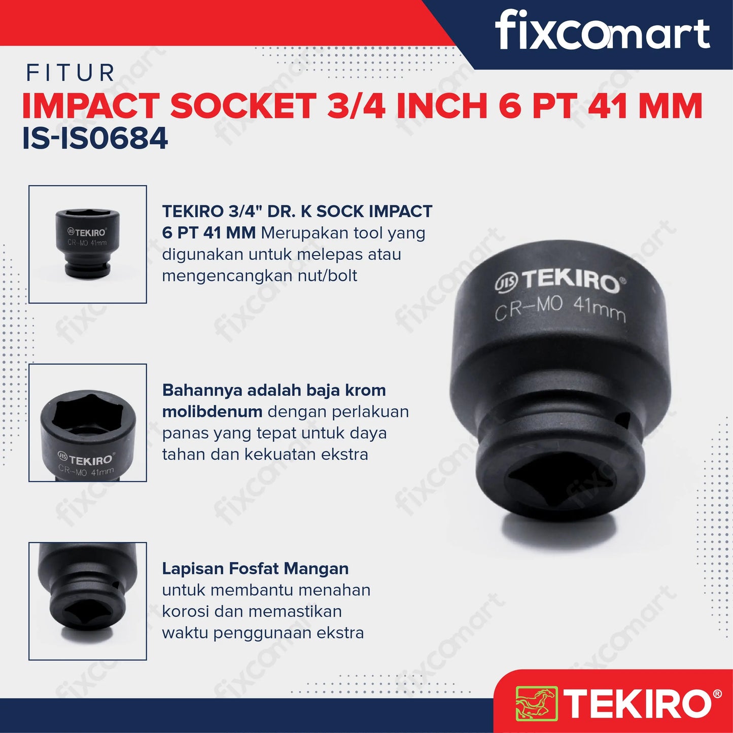 Tekiro Impact Socket 3/4 inch 6 PT 41 mm / Mata Sock Impact FIXCOMART