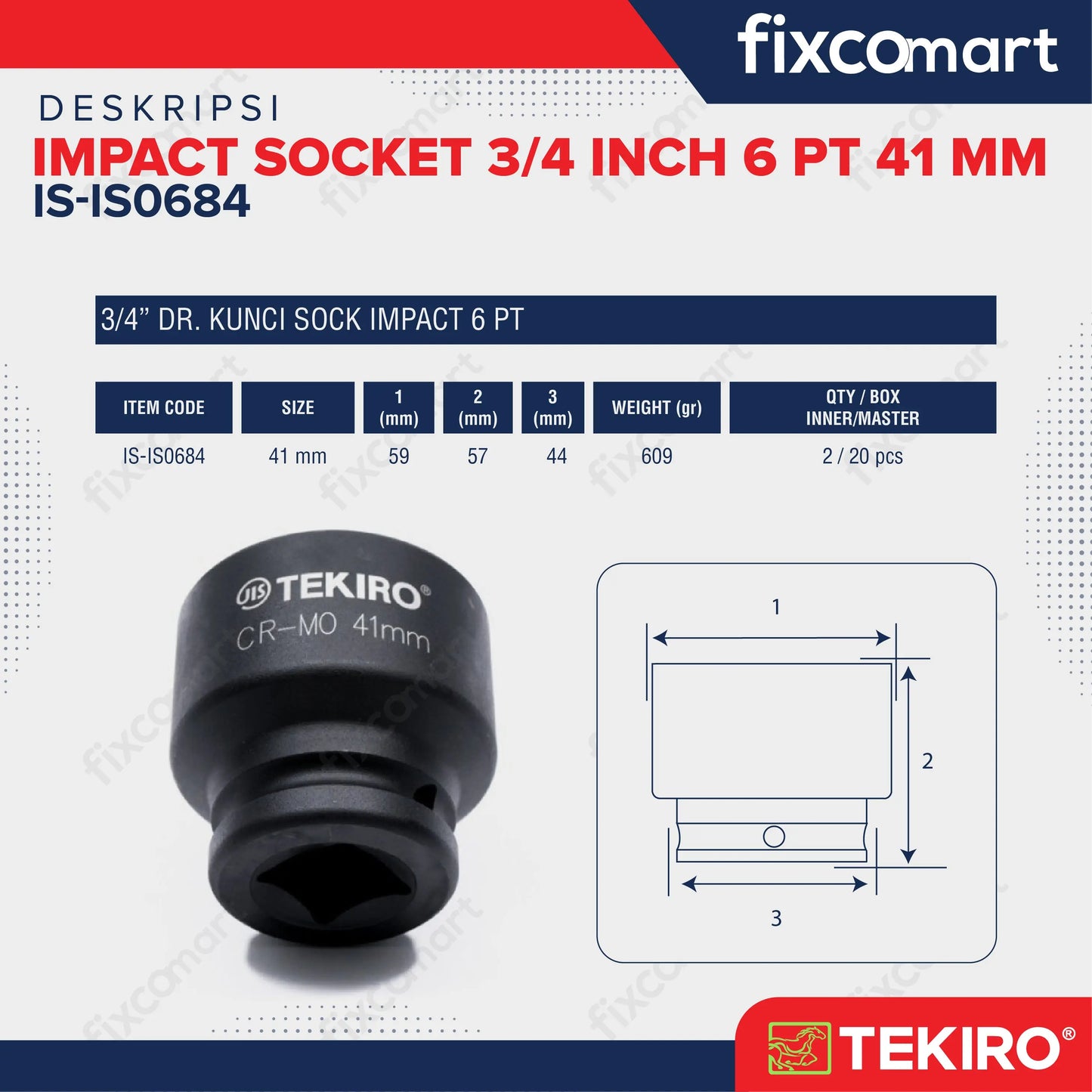 Tekiro Impact Socket 3/4 inch 6 PT 41 mm / Mata Sock Impact FIXCOMART