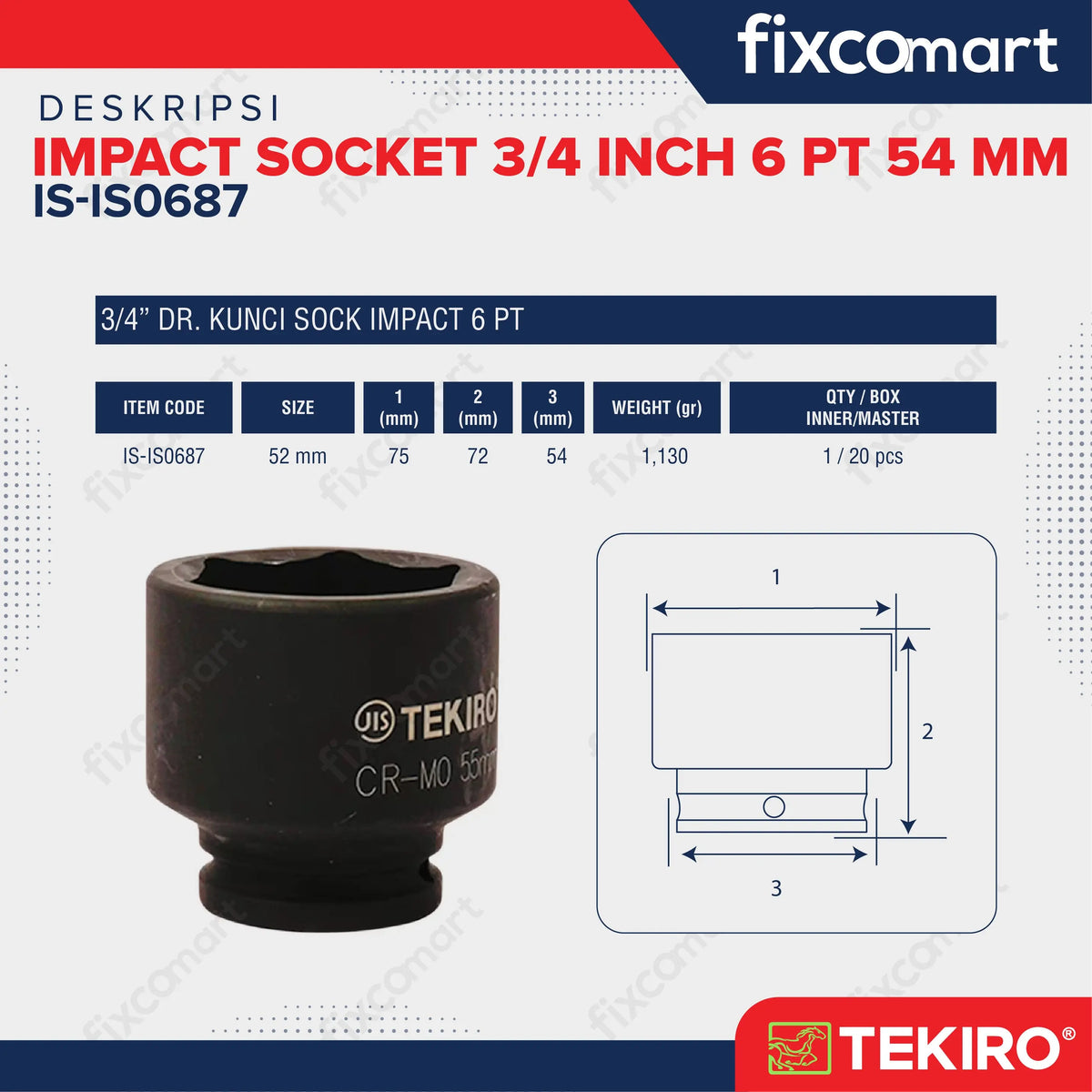 Tekiro Impact Socket 3/4 inch 6 PT 54 mm / Mata Sock Impact FIXCOMART