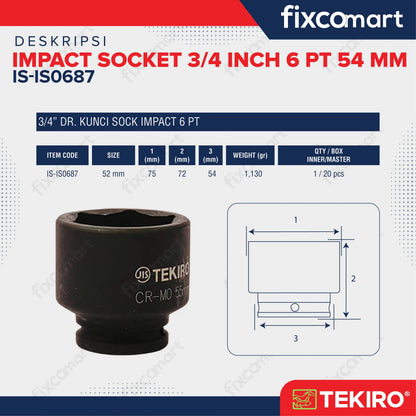 Tekiro Impact Socket 3/4 inch 6 PT 54 mm / Mata Sock Impact FIXCOMART