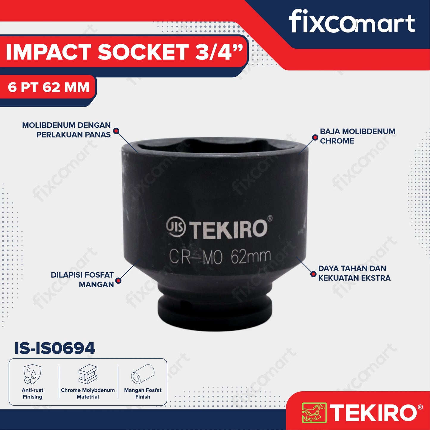 Tekiro Socket Impact 3/4 Inch 62 Mm 6 Pt / Mata Sock Impact FIXCOMART