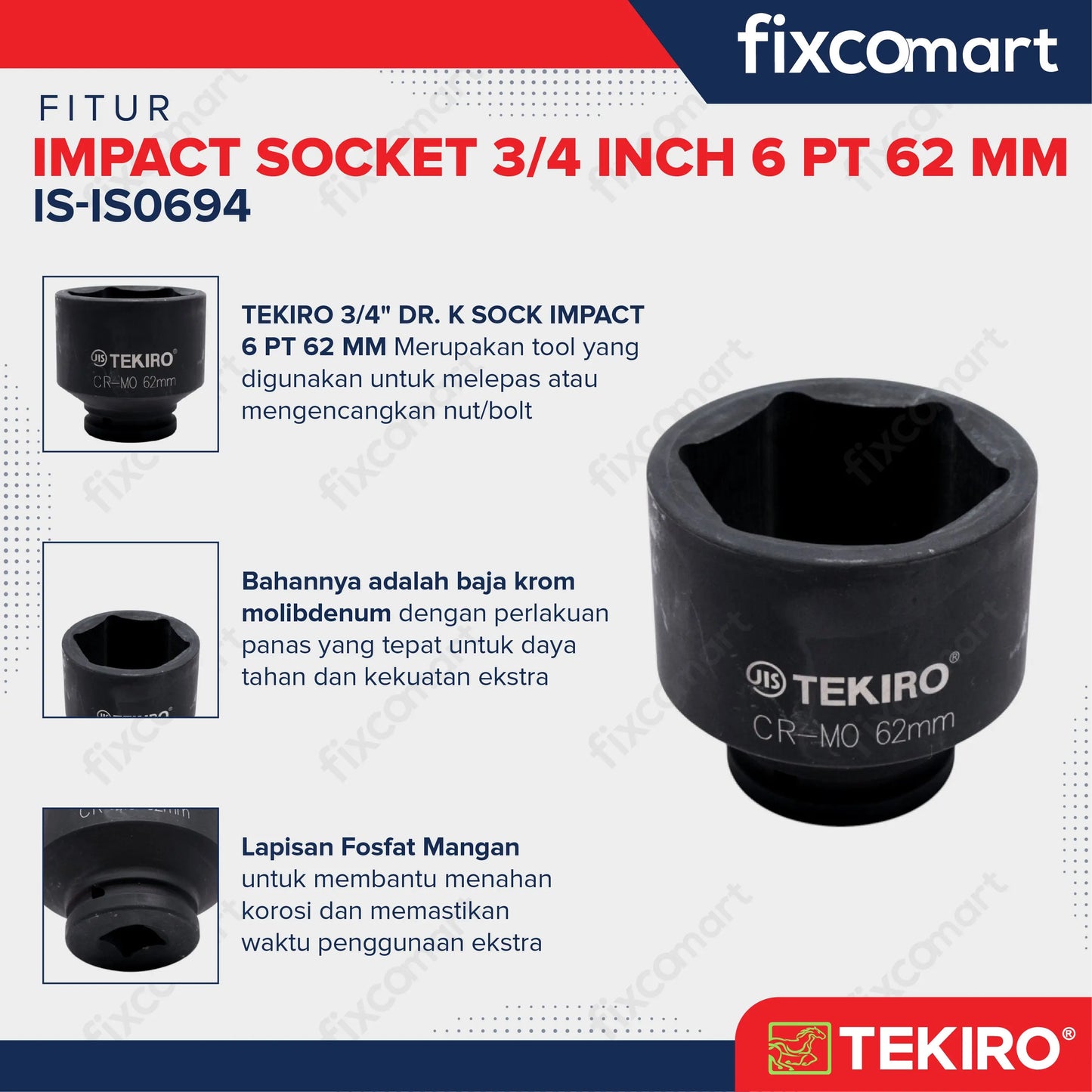 Tekiro Socket Impact 3/4 Inch 62 Mm 6 Pt / Mata Sock Impact FIXCOMART
