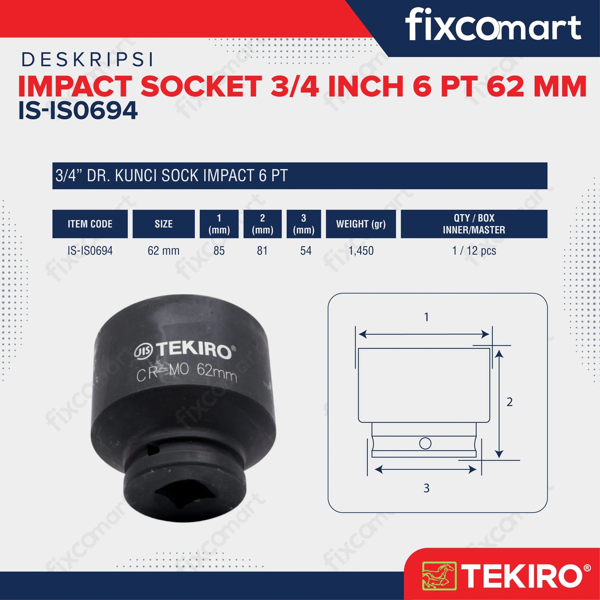 Tekiro Socket Impact 3/4 Inch 62 Mm 6 Pt / Mata Sock Impact FIXCOMART