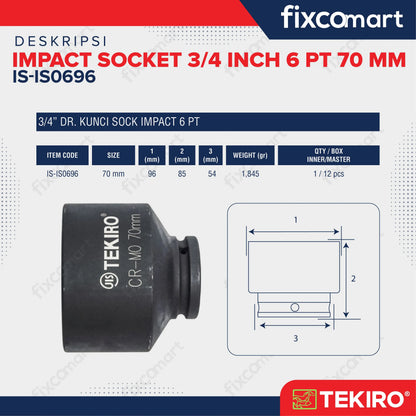 Tekiro Socket Impact 3/4 Inch 70 Mm 6 Pt / Mata Sock Impact FIXCOMART