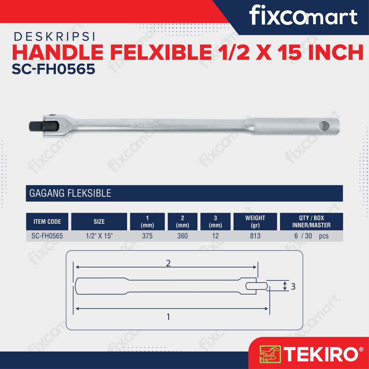 Tekiro Flexible Handle 1/2 X 15 Inch / Tekiro Gagang Ratchet Flexible