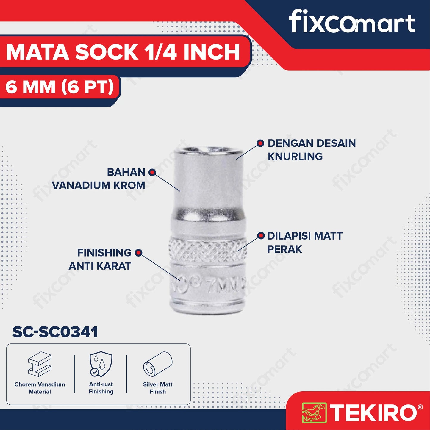 Tekiro Mata Sock 1/4 Inch 6 Mm 6 Pt FIXCOMART