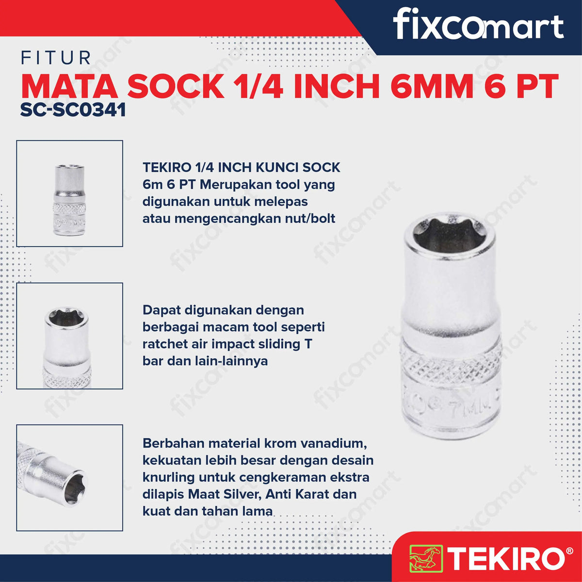 Tekiro Mata Sock 1/4 Inch 6 Mm 6 Pt FIXCOMART