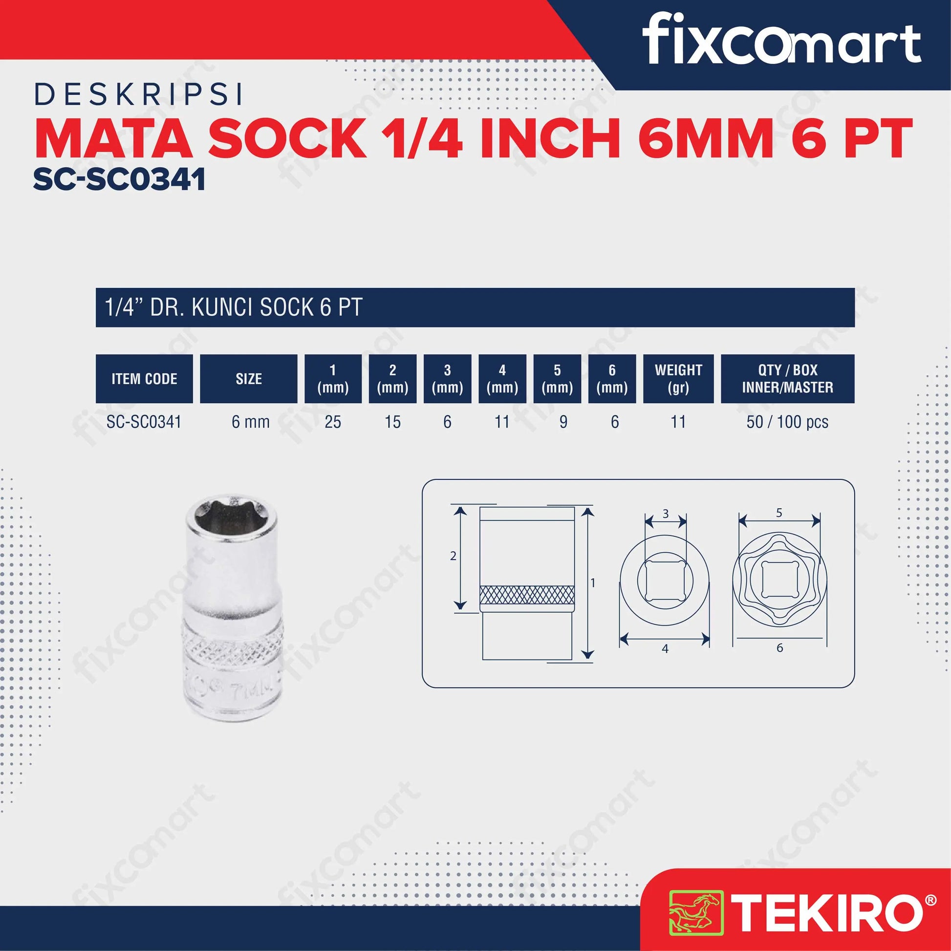 Tekiro Mata Sock 1/4 Inch 6 Mm 6 Pt FIXCOMART
