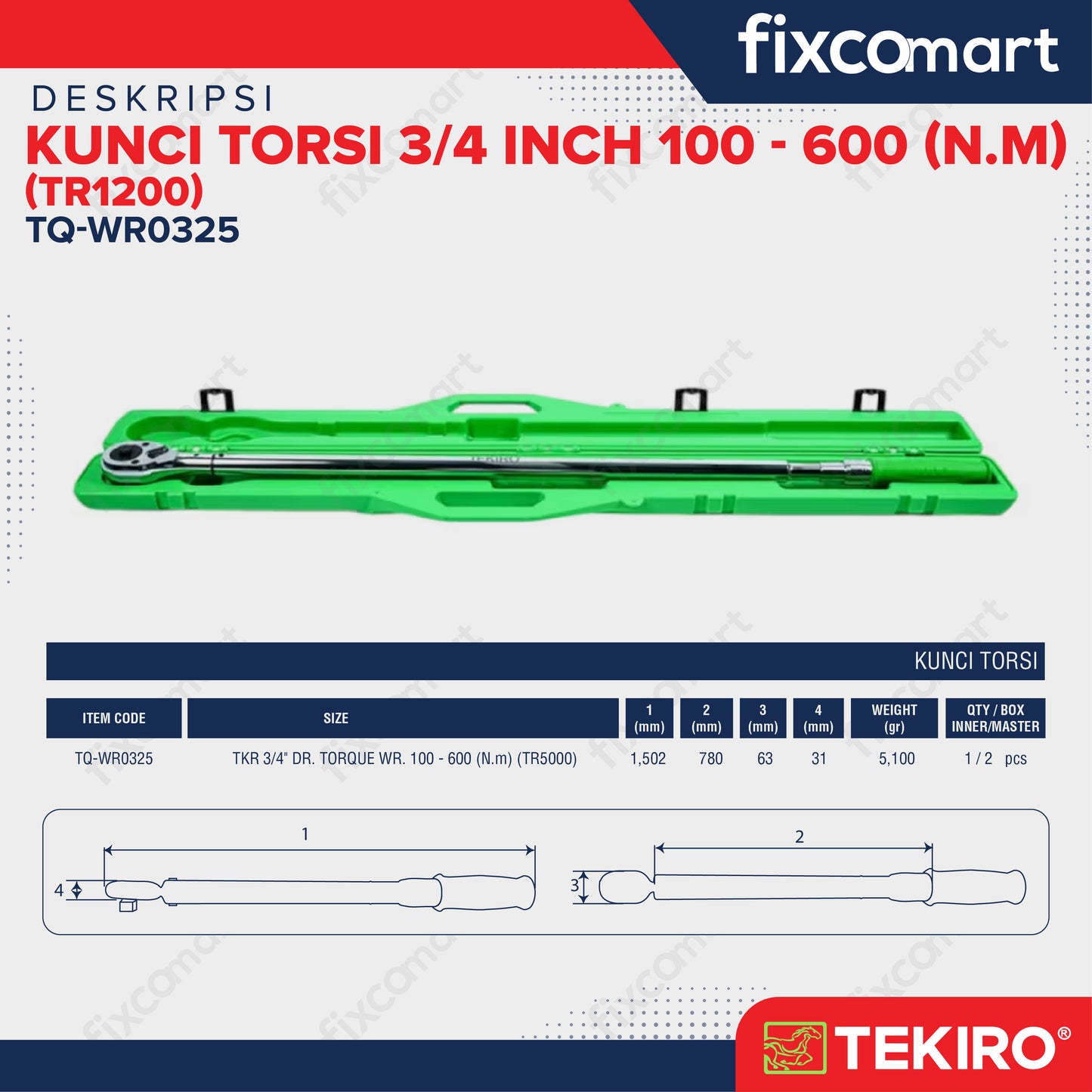 Tekiro Kunci Torsi 3/4 Inch 100-600 N.M (Tr5000) / Tekiro Kunci Momen / Kunci Torque