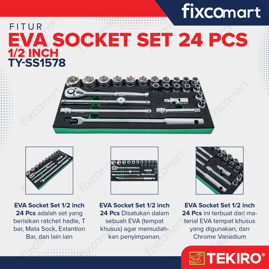 Tekiro Eva 1/2 Inch Dr Socket Set 24 Pcs FIXCOMART