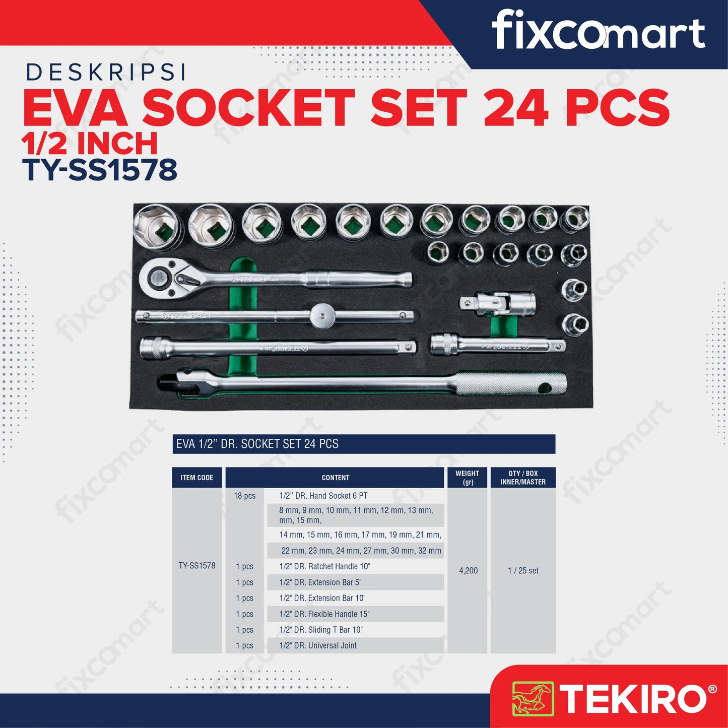 Tekiro Eva 1/2 Inch Dr Socket Set 24 Pcs FIXCOMART
