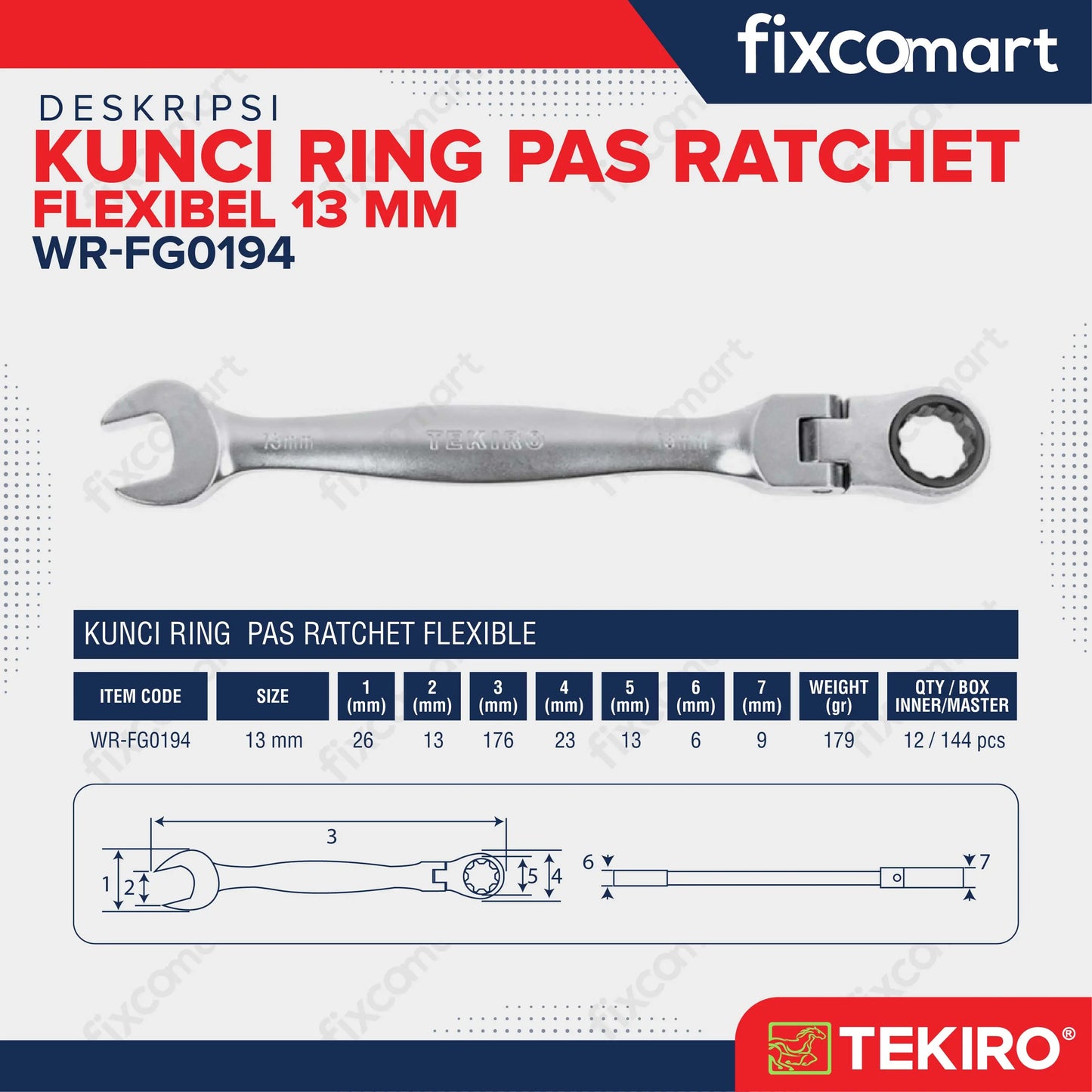 Tekiro Kunci Ring Pas Ratchet Flexsibel 13 mm FIXCOMART