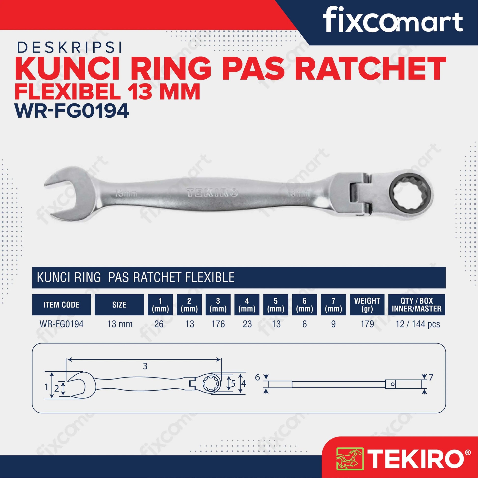 Tekiro Kunci Ring Pas Ratchet Flexsibel 13 mm FIXCOMART