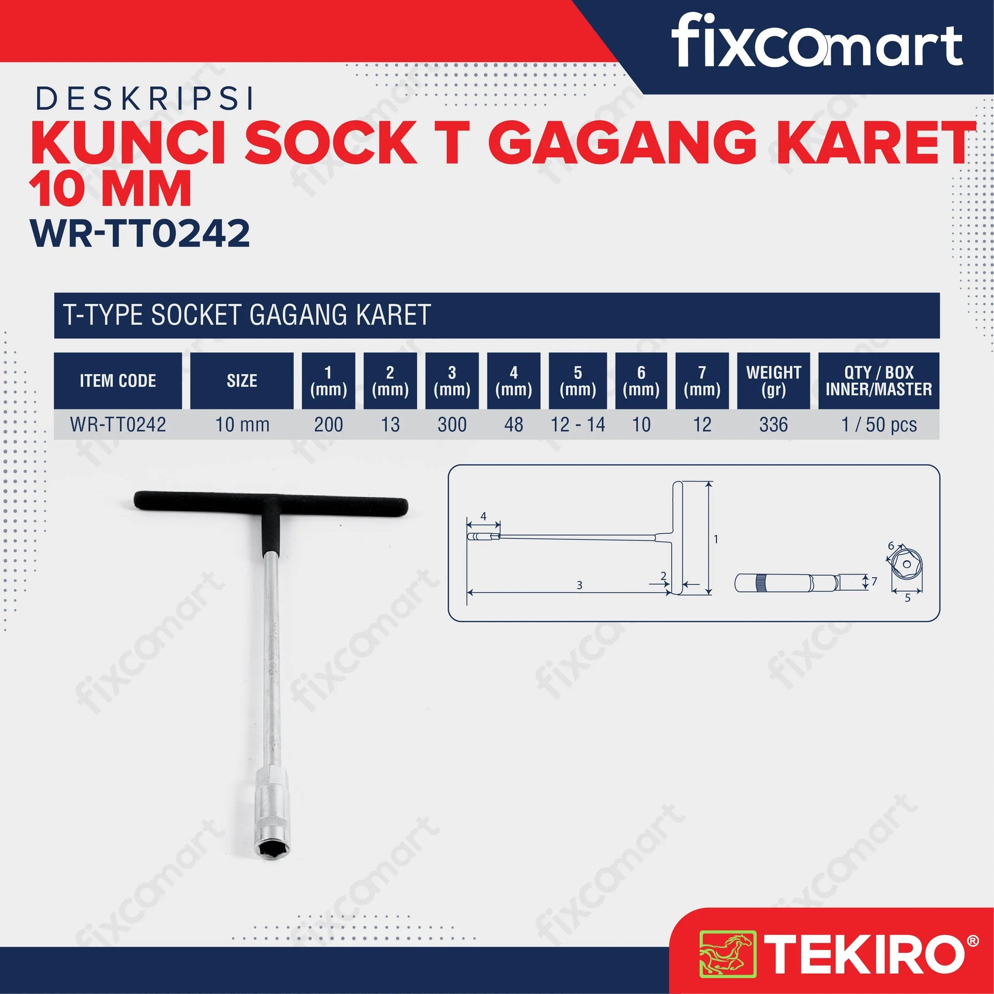 Tekiro Kunci T Gagang Karet 10 Mm FIXCOMART