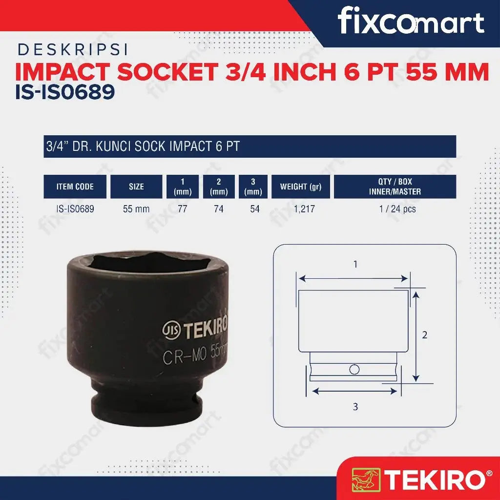 Tekiro Impact Socket 3/4 inch 6 PT 55 mm / Mata Sock Impact FIXCOMART