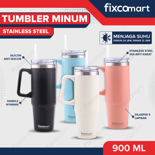 FIXCOMART TUMBLER STAINLESS GAGANG 900ML - Botol Minum besar Menjaga suhu Panas dan Dingin portable BPA FREE STAINLESS 304 - Botol Minum Dengan Gagang 900ML