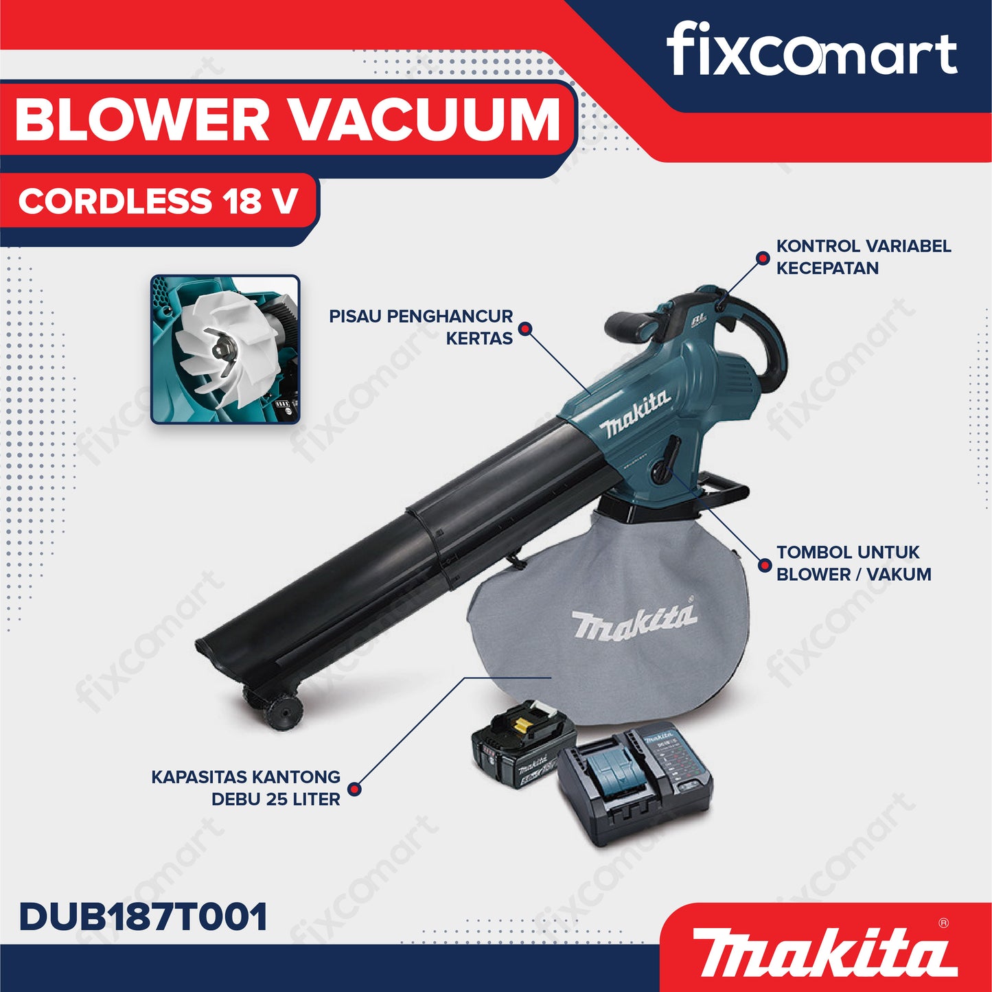 Makita Cordless Blower Vacuum DUB187T001 18 V Unit Charger Battery - Blower Portable