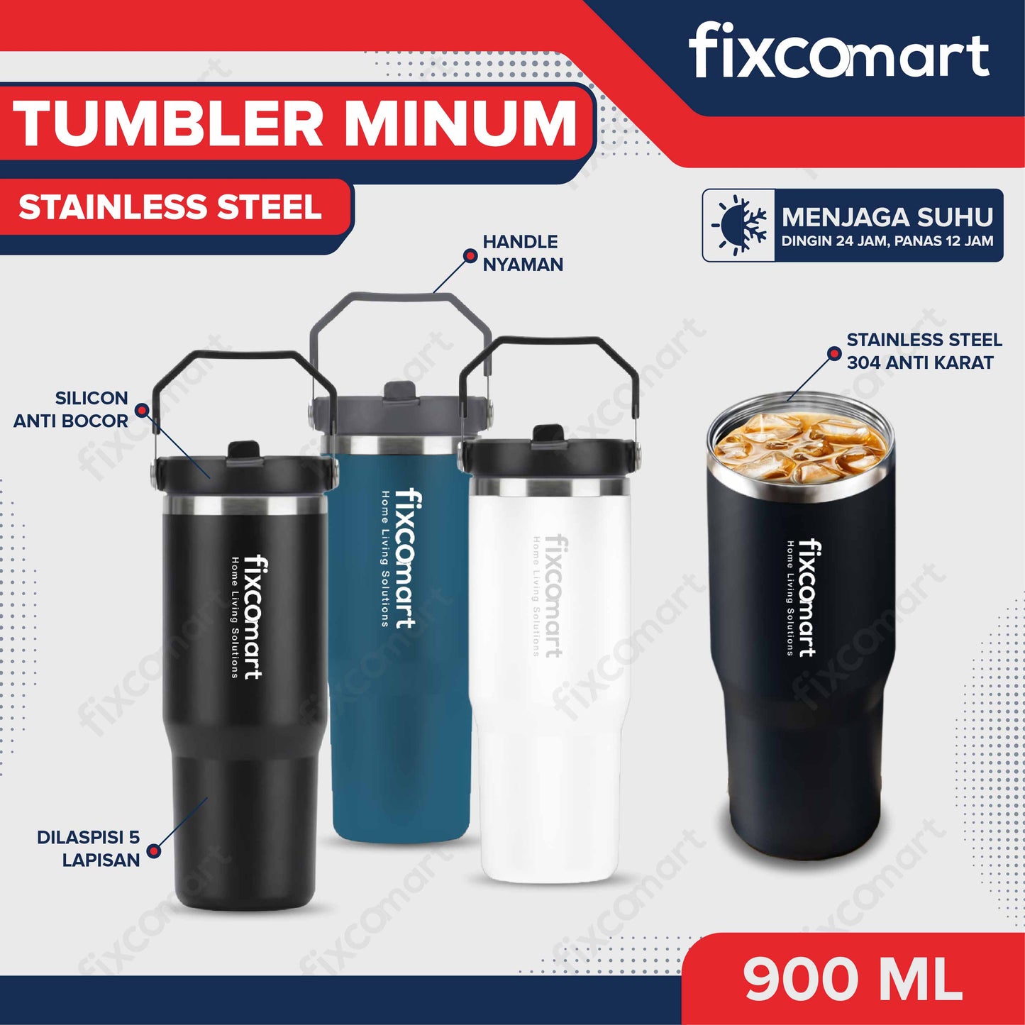 FIXCOMART TUMBLER Stainless 900ML - Botol Minum besar Menjaga suhu Panas dan Dingin Portable BPA FREE STAINLESS 304