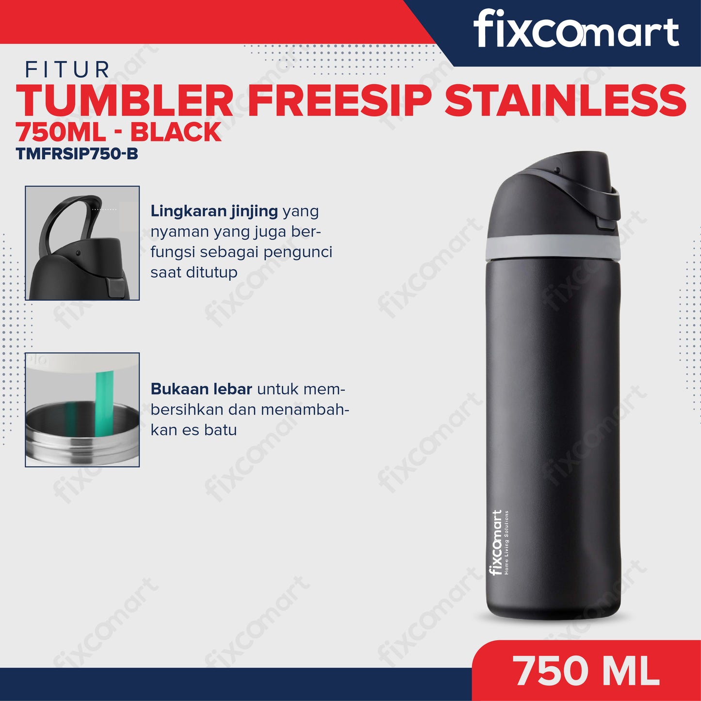 FIXCOMART TUMBLER STAINLESS 304 GAGANG 750ML - Botol Minum besar Menjaga suhu Panas dan Dingin portable BPA FREE STAINLESS  - Botol Minum 750ML