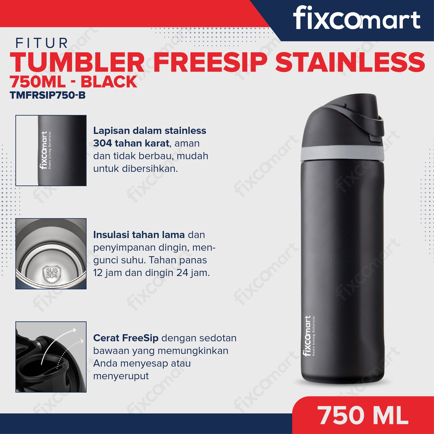 FIXCOMART TUMBLER STAINLESS 304 GAGANG 750ML - Botol Minum besar Menjaga suhu Panas dan Dingin portable BPA FREE STAINLESS  - Botol Minum 750ML