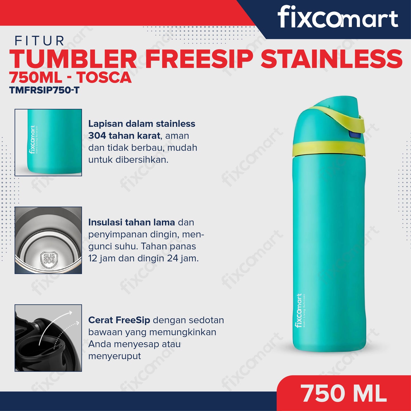FIXCOMART TUMBLER STAINLESS 304 GAGANG 750ML - Botol Minum besar Menjaga suhu Panas dan Dingin portable BPA FREE STAINLESS  - Botol Minum 750ML