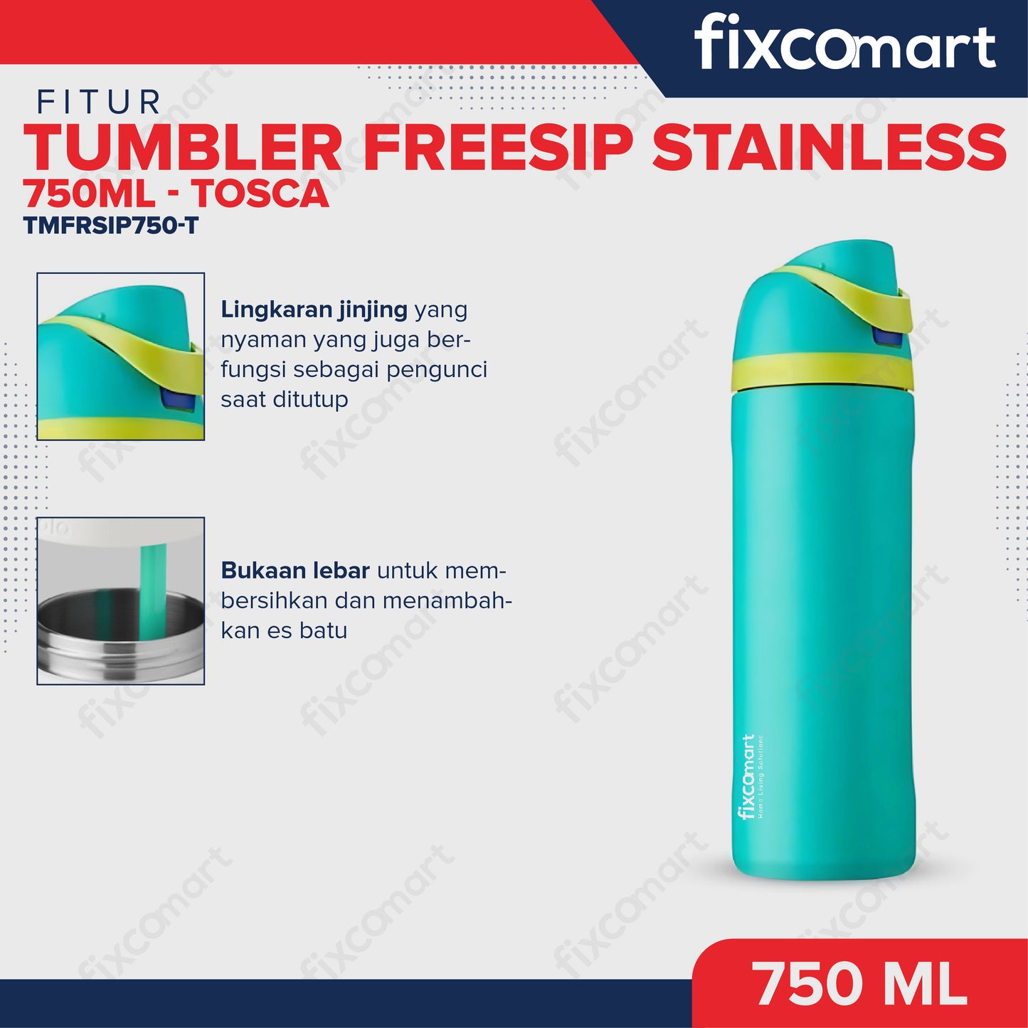 FIXCOMART TUMBLER STAINLESS 304 GAGANG 750ML - Botol Minum besar Menjaga suhu Panas dan Dingin portable BPA FREE STAINLESS  - Botol Minum 750ML
