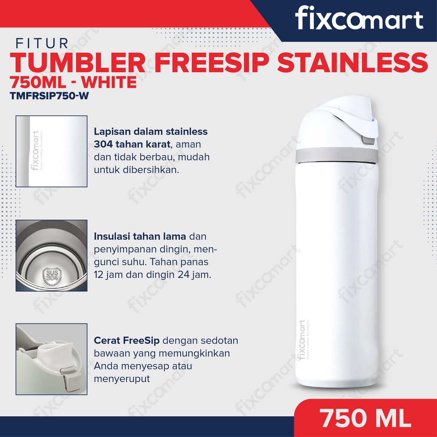 FIXCOMART TUMBLER STAINLESS 304 GAGANG 750ML - Botol Minum besar Menjaga suhu Panas dan Dingin portable BPA FREE STAINLESS  - Botol Minum 750ML
