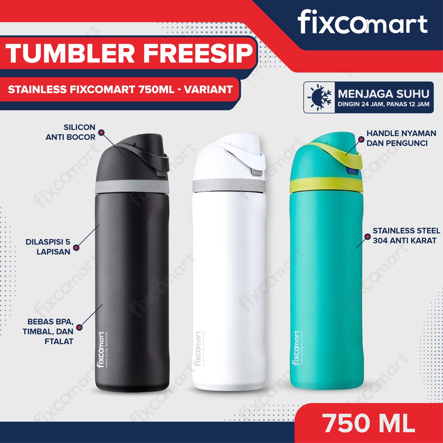 FIXCOMART TUMBLER STAINLESS 304 GAGANG 750ML - Botol Minum besar Menjaga suhu Panas dan Dingin portable BPA FREE STAINLESS  - Botol Minum 750ML