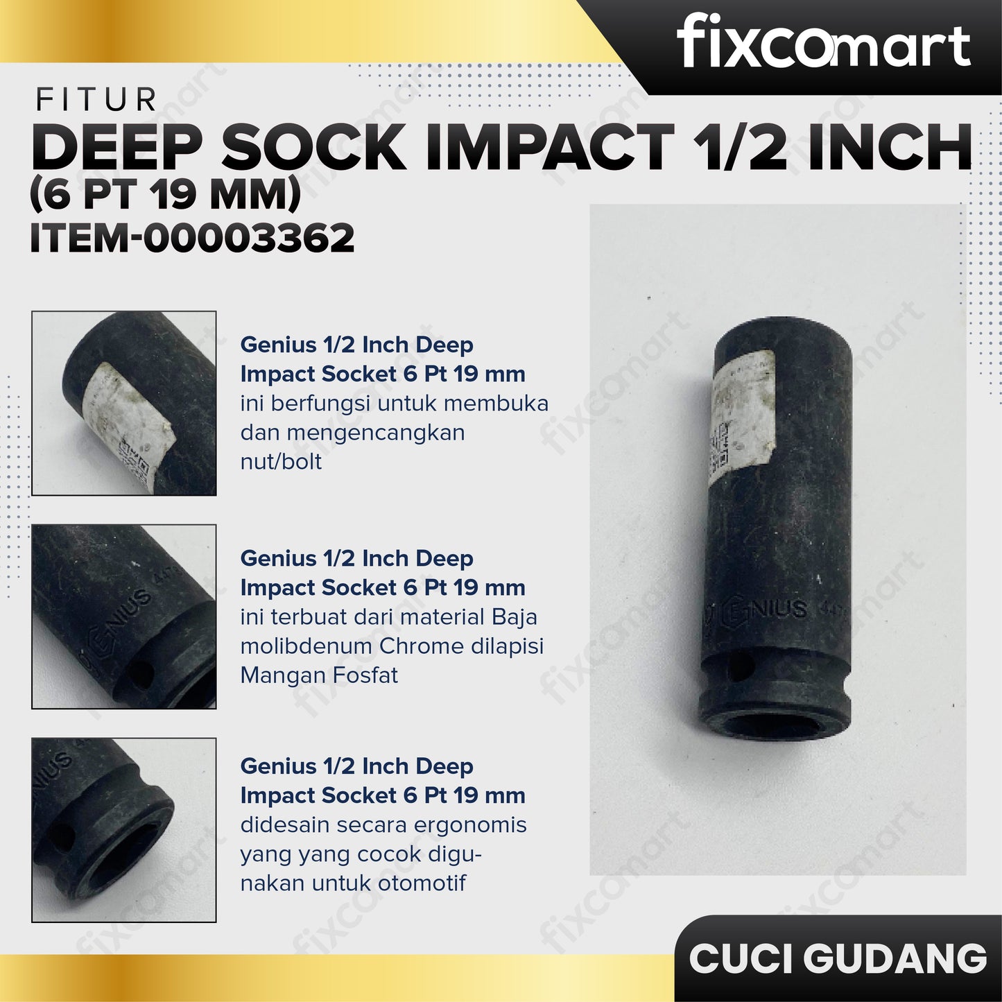 GARAGE SALE - GENIUS Deep Impact Socket 1/2 Inch 19 mm 6PT