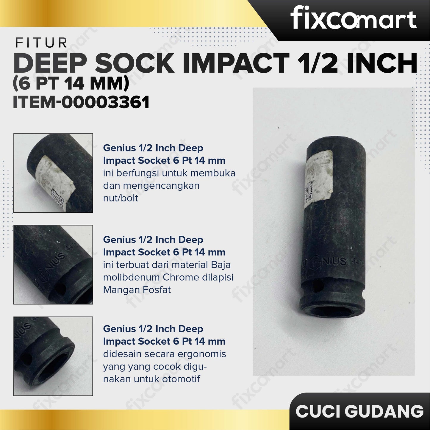 GARAGE SALE - GENIUS Deep Impact Socket 1/2 Inch 14 mm 6PT