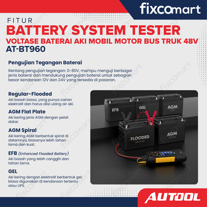 AUTOOL AT-BT960 Battery System Tester – Alat Uji Baterai Aki Mobil, Motor, Bus, dan Truk 48V