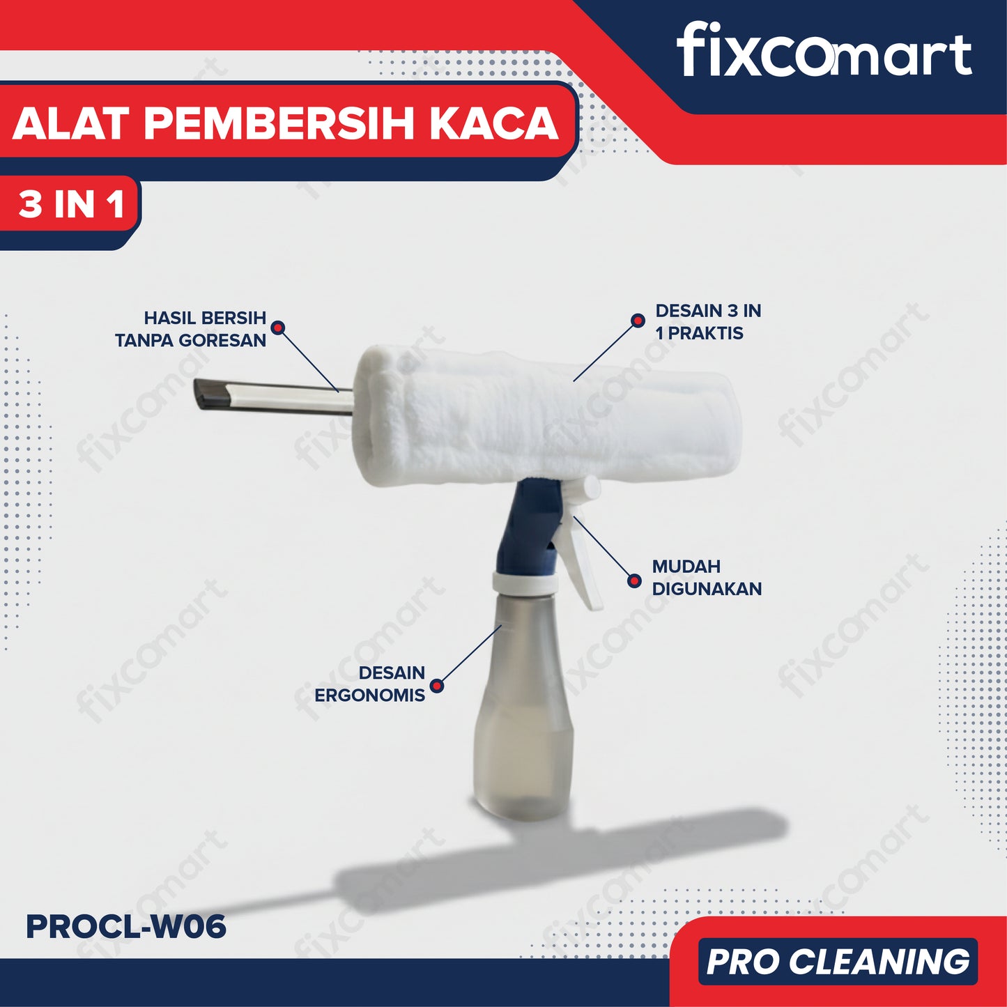 Fixcomart Alat Pembersih Kaca 3 in 1 Spray Glass Cleaning Brush - Pembersih Kaca 3 in 1 Spray Mop Squeegee Multifungsi PROCL-W06
